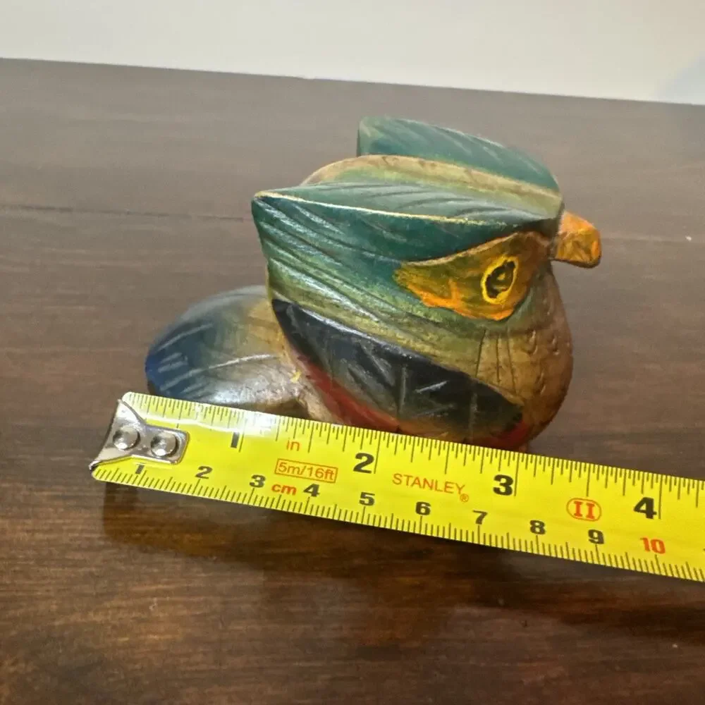 Vintage Wooden Owl Figurine Hand Carved Artisan Wood Bird Colorful Folk Art